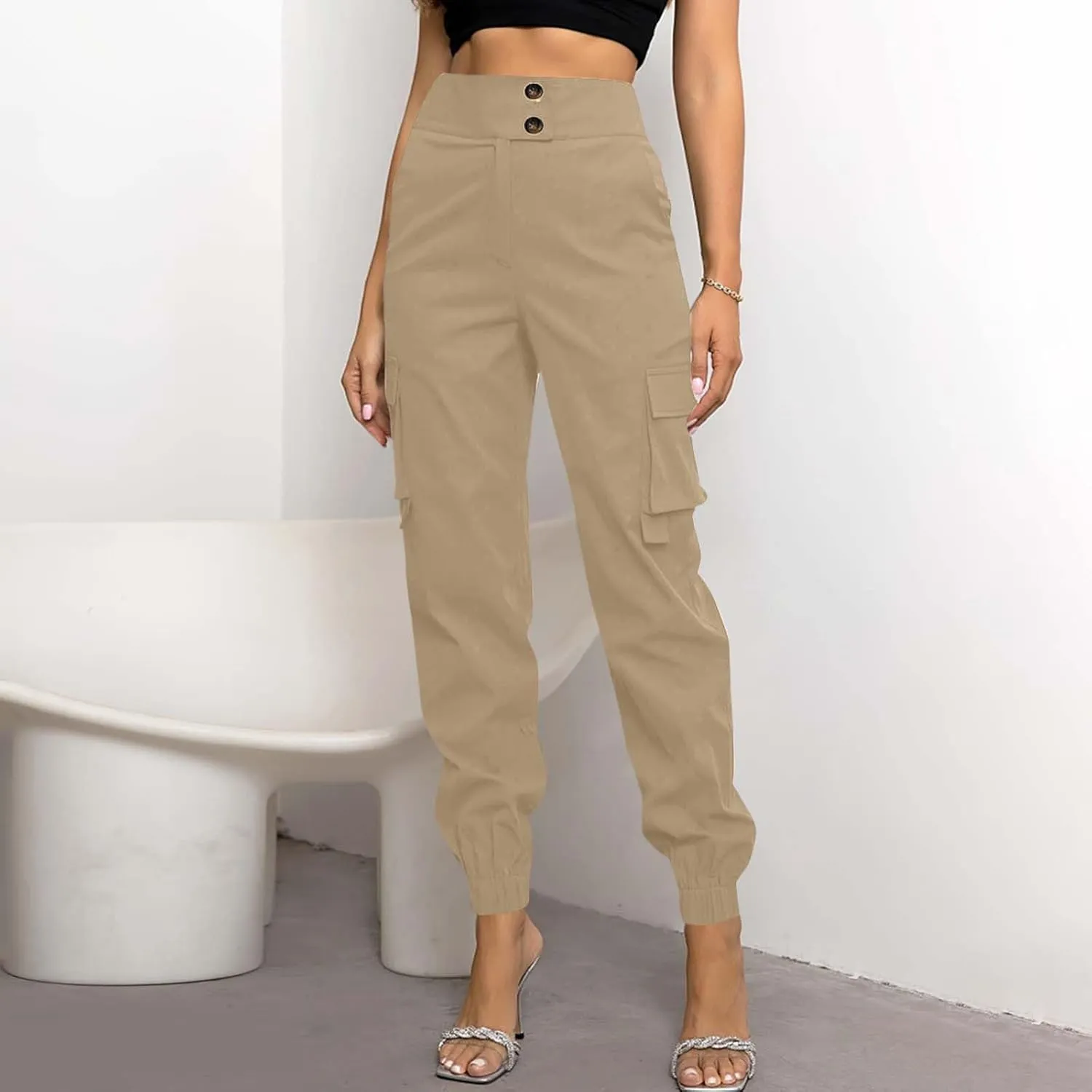 Cargo Sweatpants Women Buttons Elastic Waisted Pants Baggy Straight Leg Cuffed Cargo Trousers with Multiple Pockets