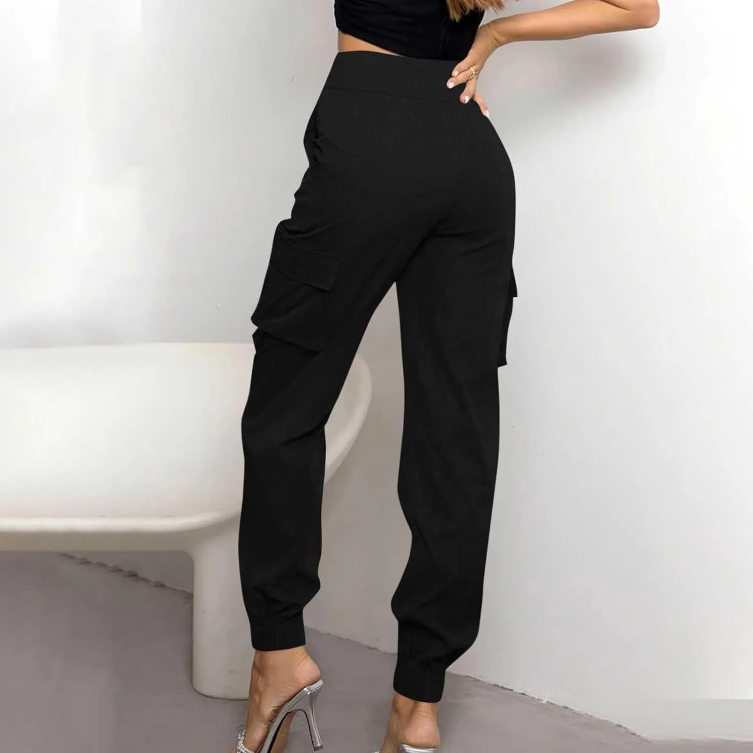 Cargo Sweatpants Women Buttons Elastic Waisted Pants Baggy Straight Leg Cuffed Cargo Trousers with Multiple Pockets