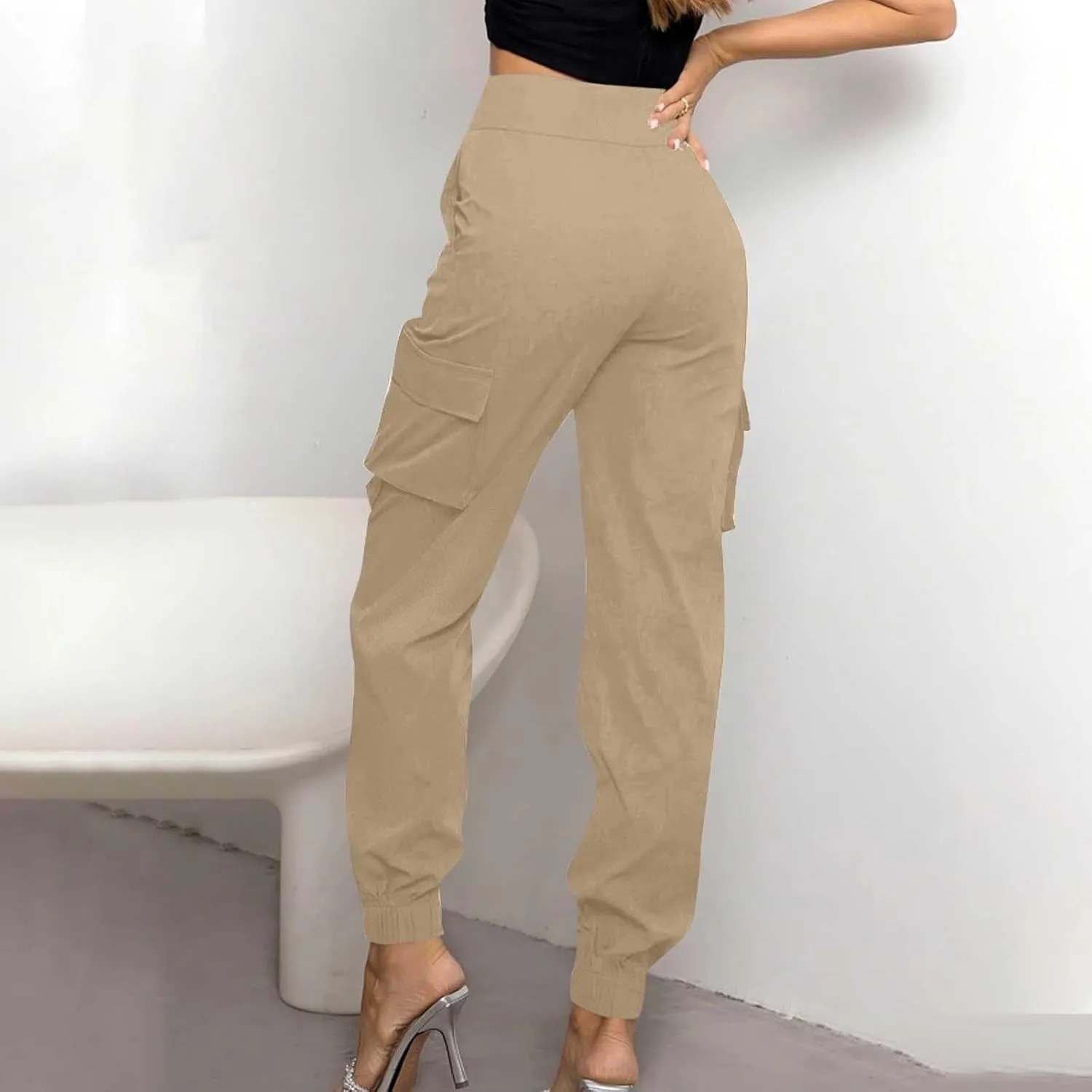 Cargo Sweatpants Women Buttons Elastic Waisted Pants Baggy Straight Leg Cuffed Cargo Trousers with Multiple Pockets