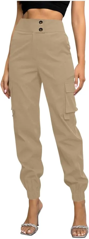 Cargo Sweatpants Women Buttons Elastic Waisted Pants Baggy Straight Leg Cuffed Cargo Trousers with Multiple Pockets
