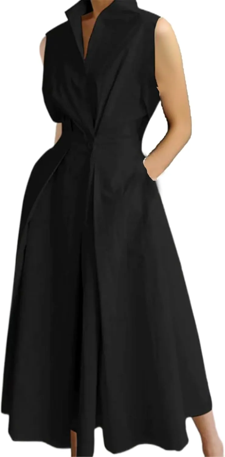 Costaric Cotton Shirt Dress for Womens Pleated Button Long Dress Long Sleeve A-line Loose Swing Dress with Pockets