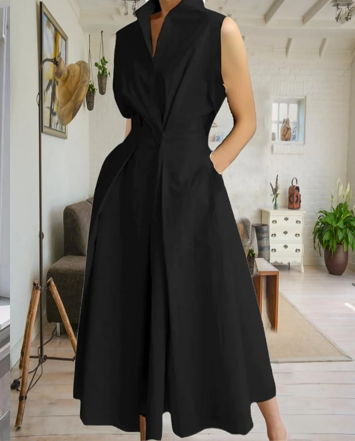 Costaric Cotton Shirt Dress for Womens Pleated Button Long Dress Long Sleeve A-line Loose Swing Dress with Pockets
