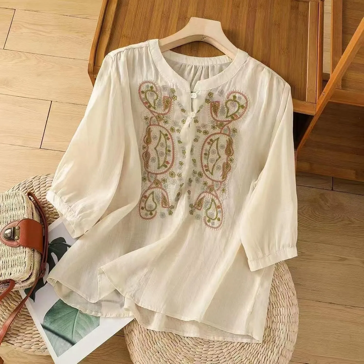 Cotton Linen Shirts for Women Summer Floral Embroidered 3/4 Sleeve Flowy Gauze Blouses Dressy Casual Boho Tops