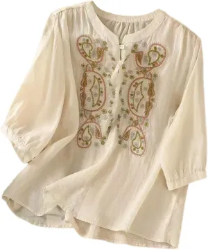 Cotton Linen Shirts for Women Summer Floral Embroidered 3/4 Sleeve Flowy Gauze Blouses Dressy Casual Boho Tops