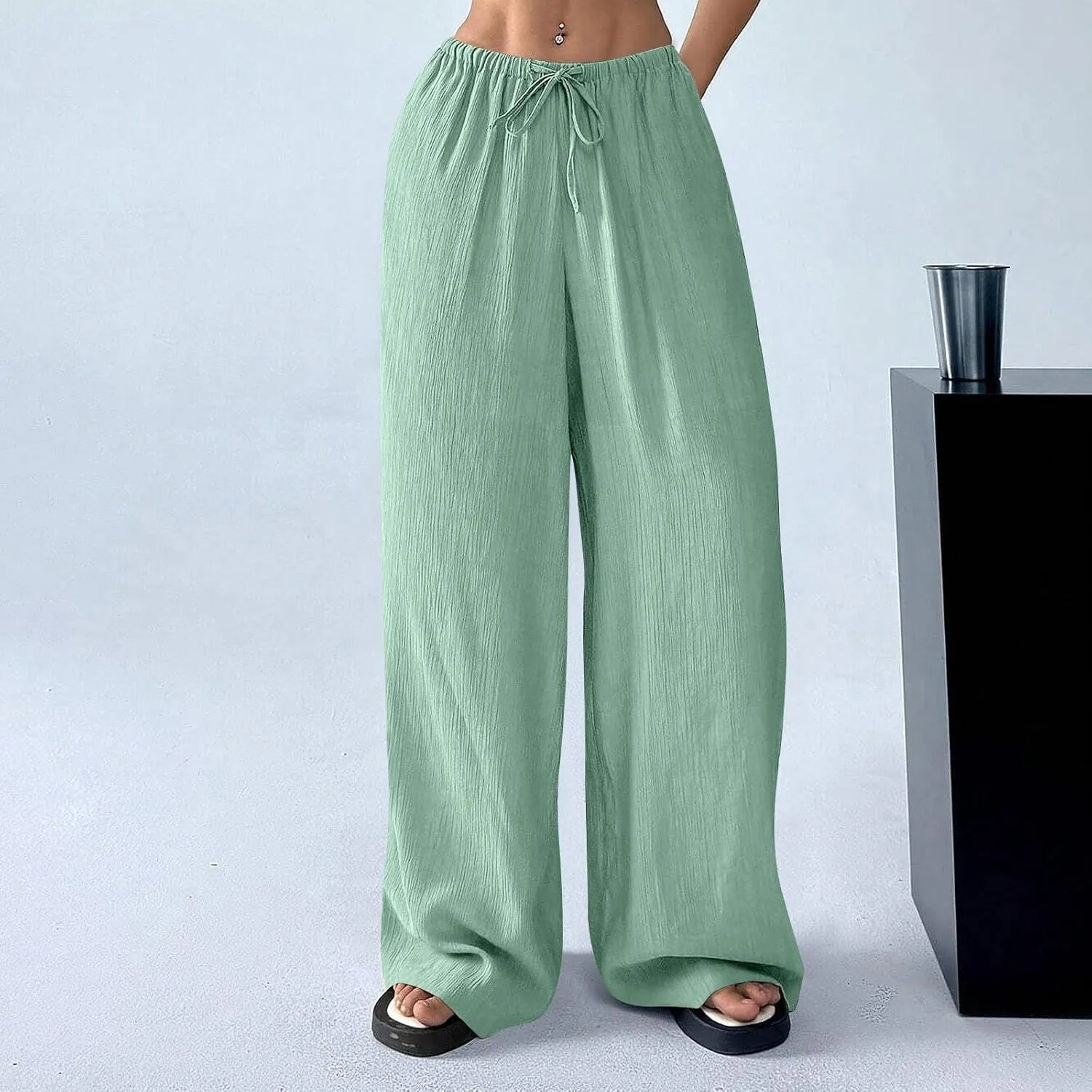 Cruise Pants for Women 2025 Vacation Outfits Drawstring Flowy Casual Pants with Pockets Wide Leg Lightweight Beach Sweatpants