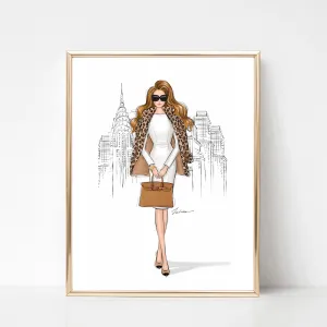 Girl in New York in Leopard Jacket art print fashion illustration