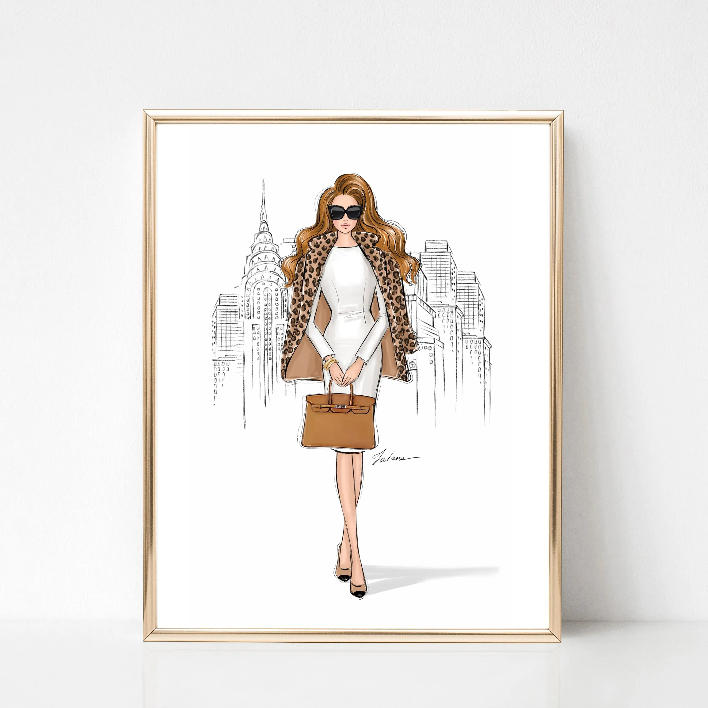 Girl in New York in Leopard Jacket art print fashion illustration