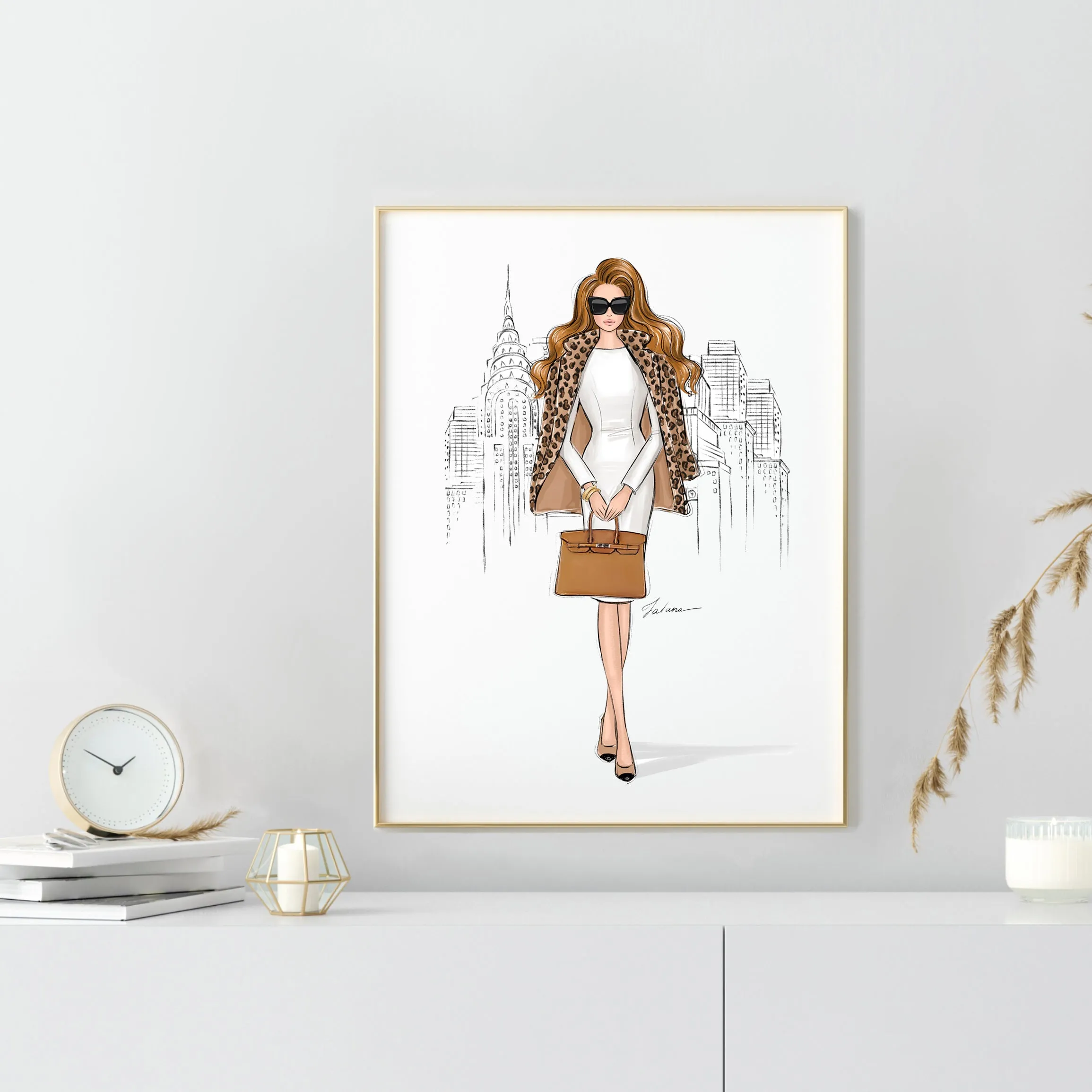 Girl in New York in Leopard Jacket art print fashion illustration