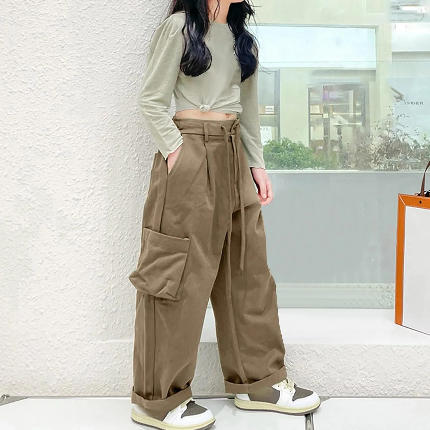 Girls Cargo Pants Staight Wide Cuffed Leg Baggy Casual Trousers Streetwear Y2k High Elastic Waist Solid