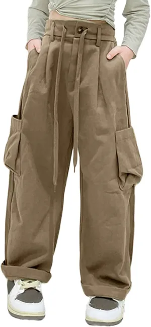Girls Cargo Pants Staight Wide Cuffed Leg Baggy Casual Trousers Streetwear Y2k High Elastic Waist Solid