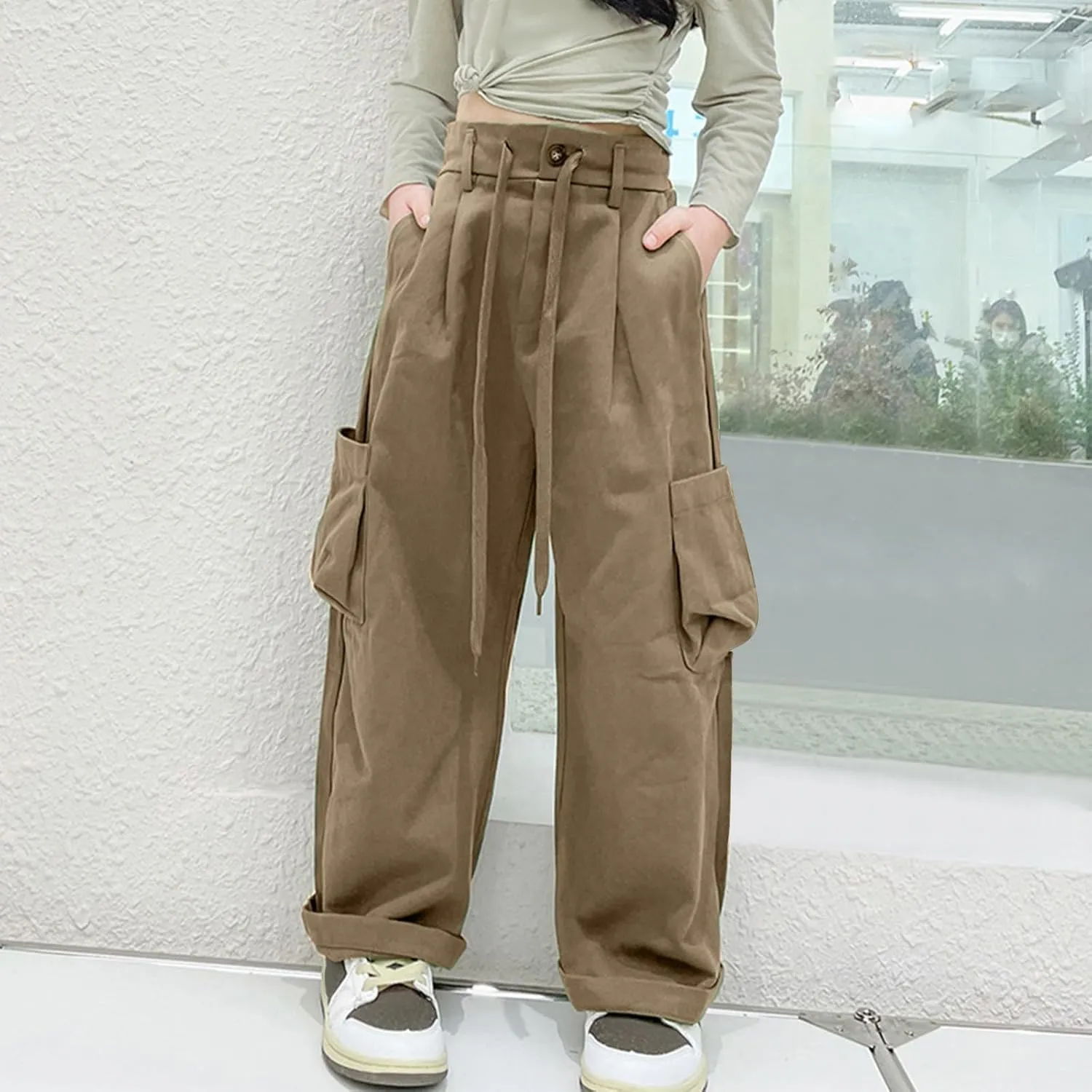 Girls Cargo Pants Staight Wide Cuffed Leg Baggy Casual Trousers Streetwear Y2k High Elastic Waist Solid
