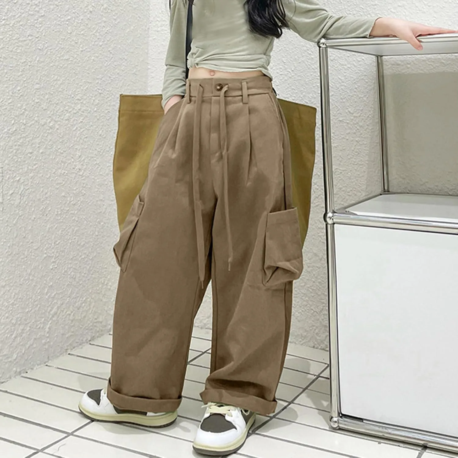 Girls Cargo Pants Staight Wide Cuffed Leg Baggy Casual Trousers Streetwear Y2k High Elastic Waist Solid