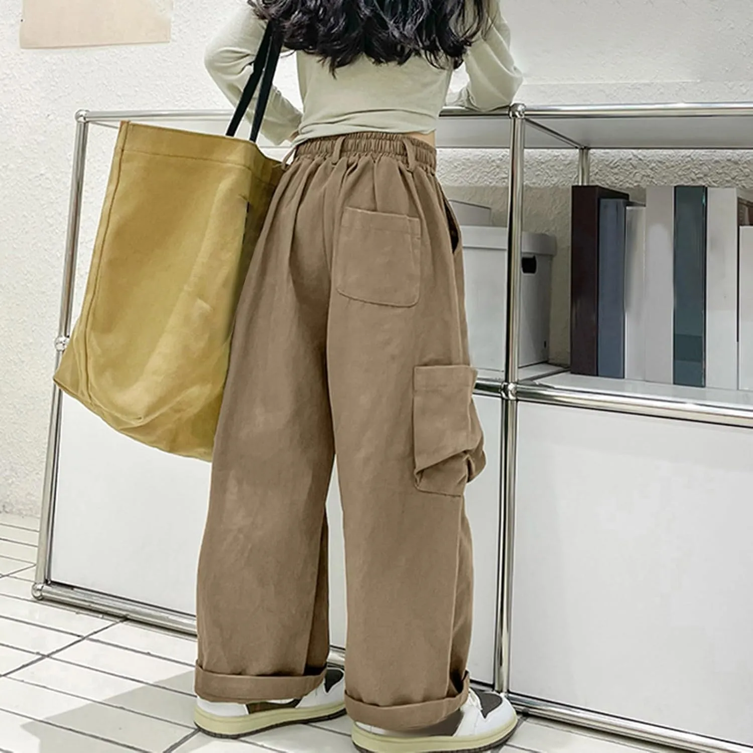 Girls Cargo Pants Staight Wide Cuffed Leg Baggy Casual Trousers Streetwear Y2k High Elastic Waist Solid
