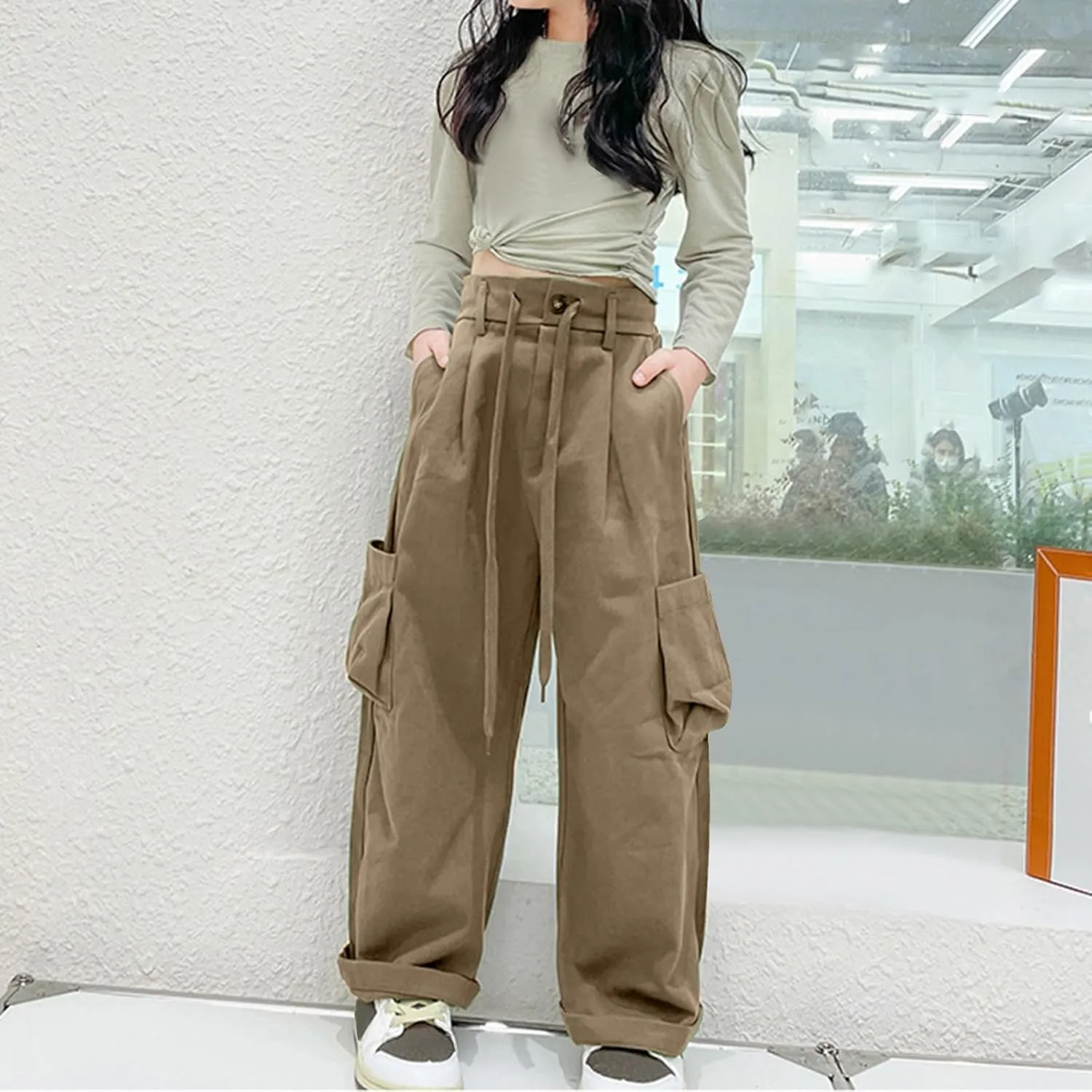 Girls Cargo Pants Staight Wide Cuffed Leg Baggy Casual Trousers Streetwear Y2k High Elastic Waist Solid