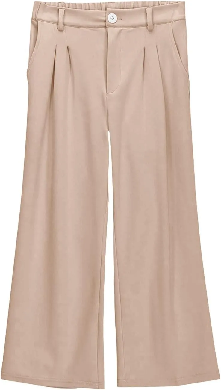 Girls Linen Palazzo High Elastic Waist Casual Trousers Straight Wide Leg Pants Business Lounge Y2k