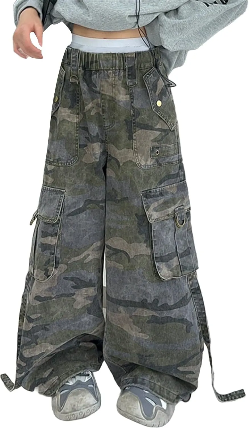 Girls Wide Leg Cargo Pants Camouflage Elastic High Waisted Streetwear Casual Trousers Youth Girls Loose Trendy Joggers