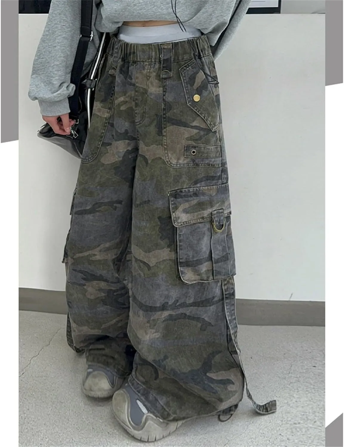 Girls Wide Leg Cargo Pants Camouflage Elastic High Waisted Streetwear Casual Trousers Youth Girls Loose Trendy Joggers