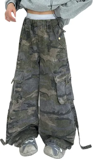 Girls Wide Leg Cargo Pants Camouflage Elastic High Waisted Streetwear Casual Trousers Youth Girls Loose Trendy Joggers
