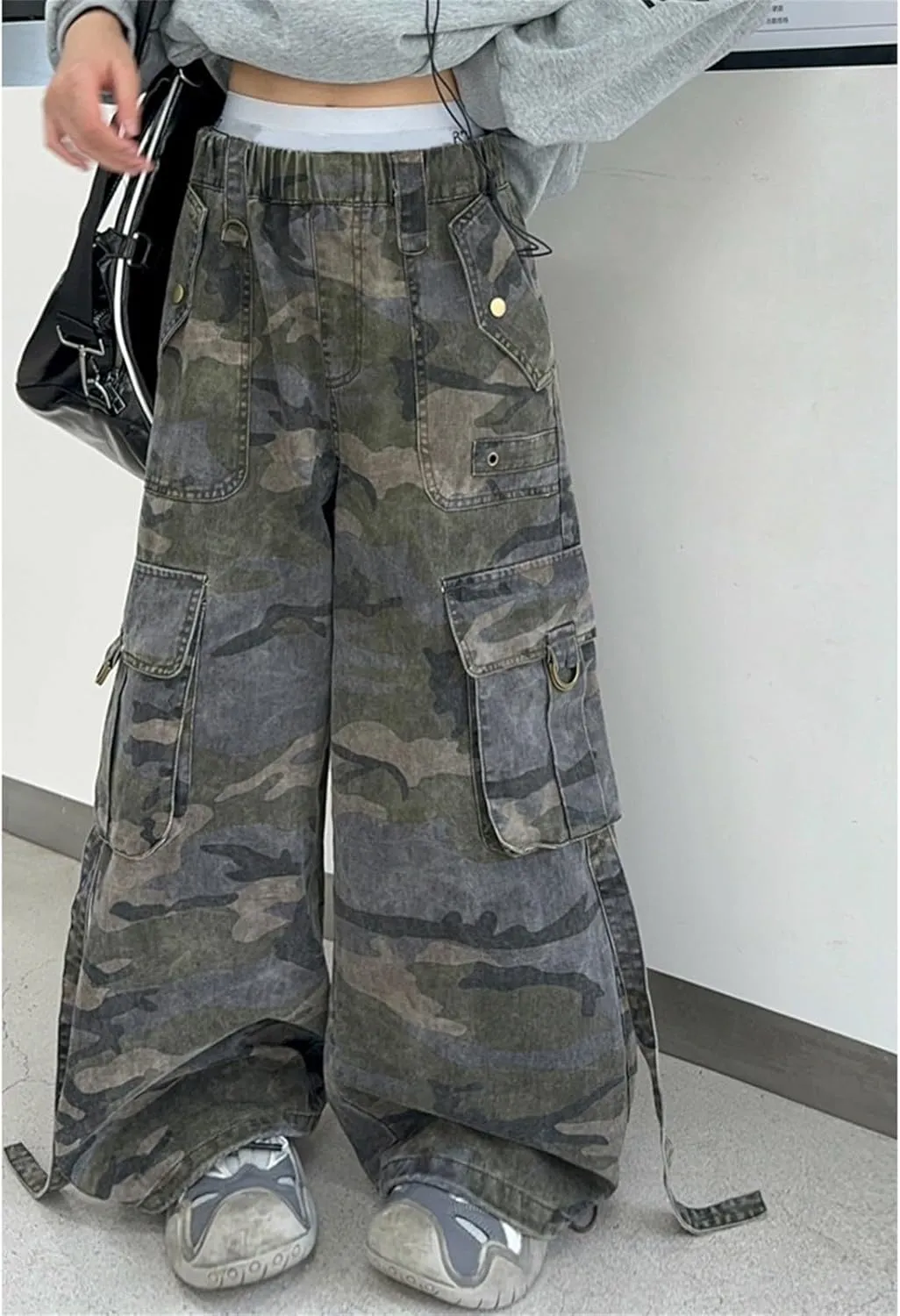 Girls Wide Leg Cargo Pants Camouflage Elastic High Waisted Streetwear Casual Trousers Youth Girls Loose Trendy Joggers