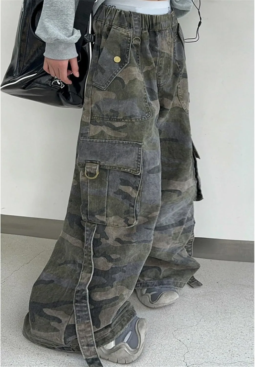 Girls Wide Leg Cargo Pants Camouflage Elastic High Waisted Streetwear Casual Trousers Youth Girls Loose Trendy Joggers