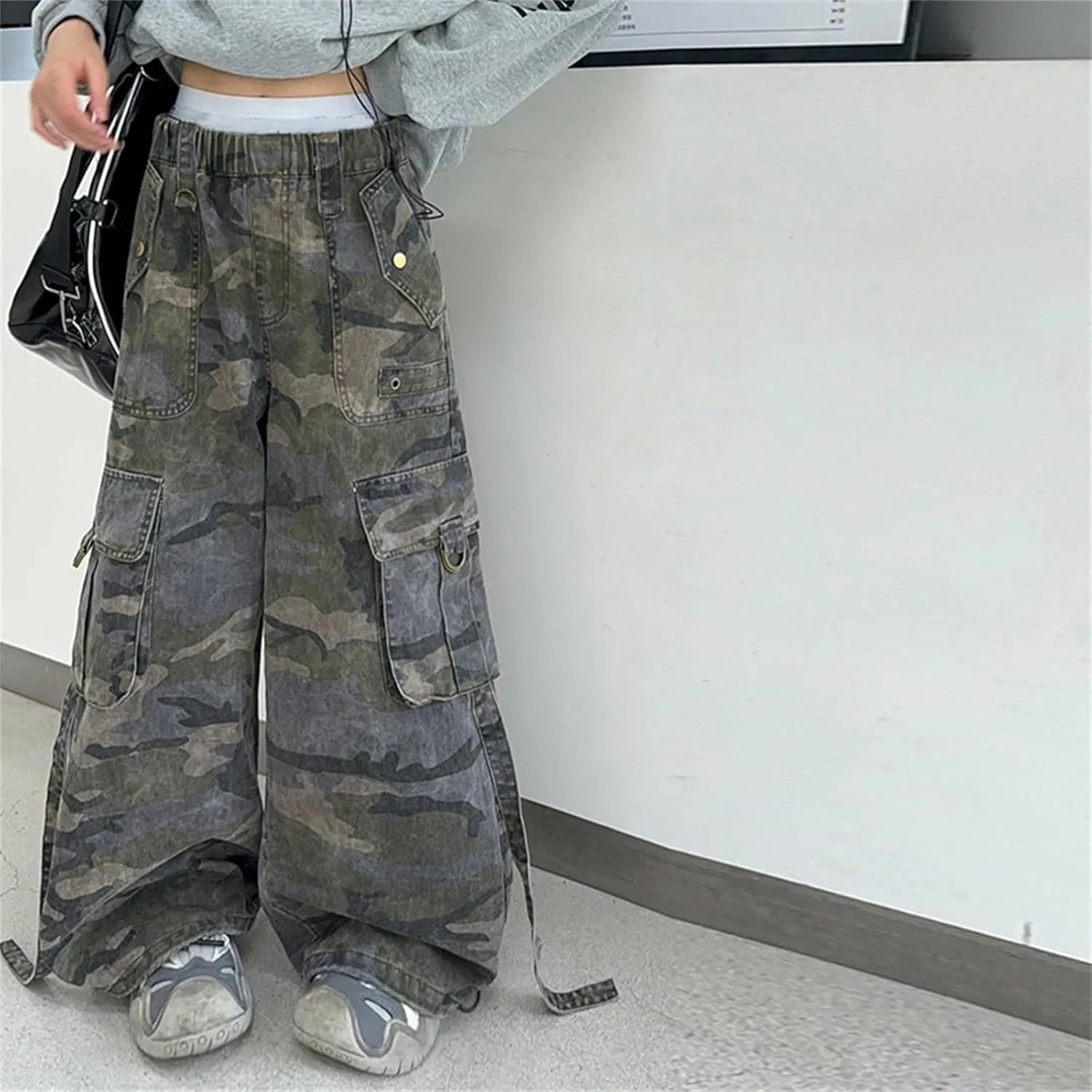 Girls Wide Leg Cargo Pants Camouflage Elastic High Waisted Streetwear Casual Trousers Youth Girls Loose Trendy Joggers