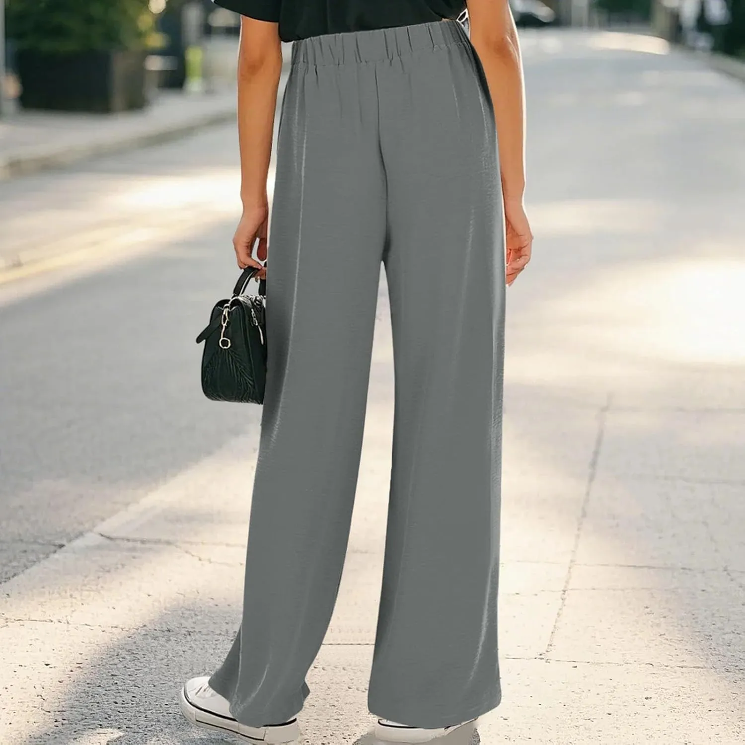 Girls Wide Leg Linen Palazzos Flowy Summer Casual Trousers Elastic High Waist Solid Color Pants