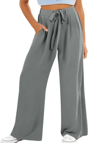 Girls Wide Leg Linen Palazzos Flowy Summer Casual Trousers Elastic High Waist Solid Color Pants