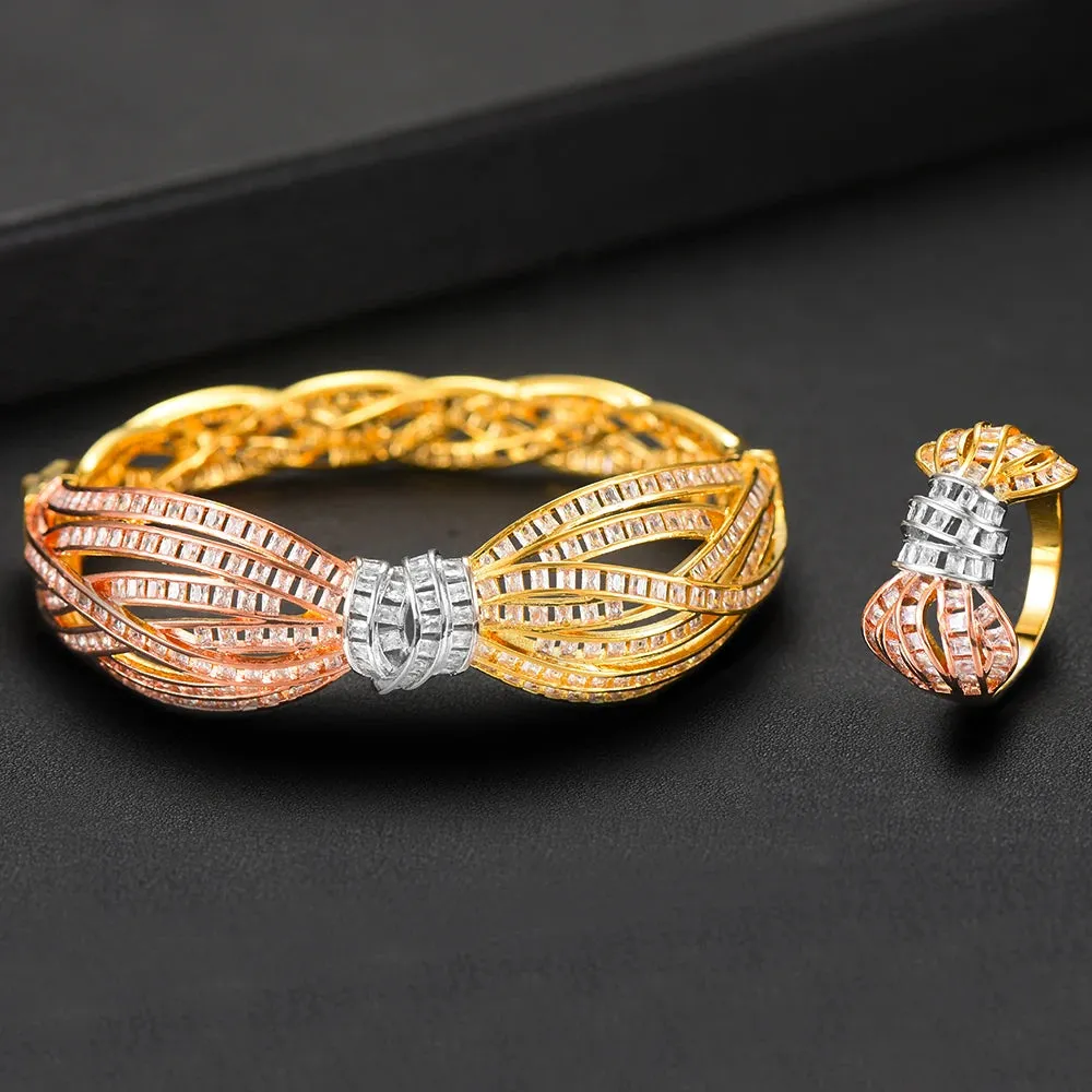 Gorgeous finely Noble Bow Bangle Ring Sets for Women Wedding Dubai Bridal Bangle Ring Sets
