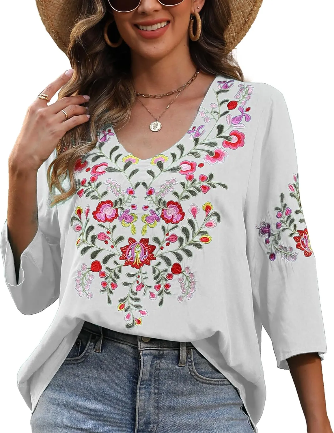Higustar Women's Embroidered Tops Boho Floral Tunics Fiesta Shirts Peasant Hippie Clothes Traditional Bohemian Blouses