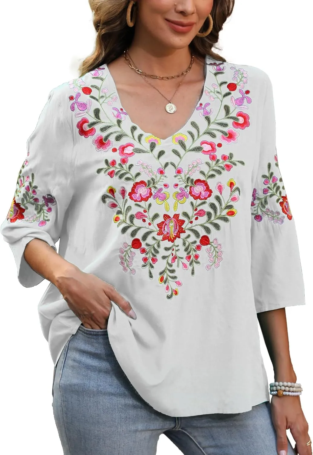Higustar Women's Embroidered Tops Boho Floral Tunics Fiesta Shirts Peasant Hippie Clothes Traditional Bohemian Blouses
