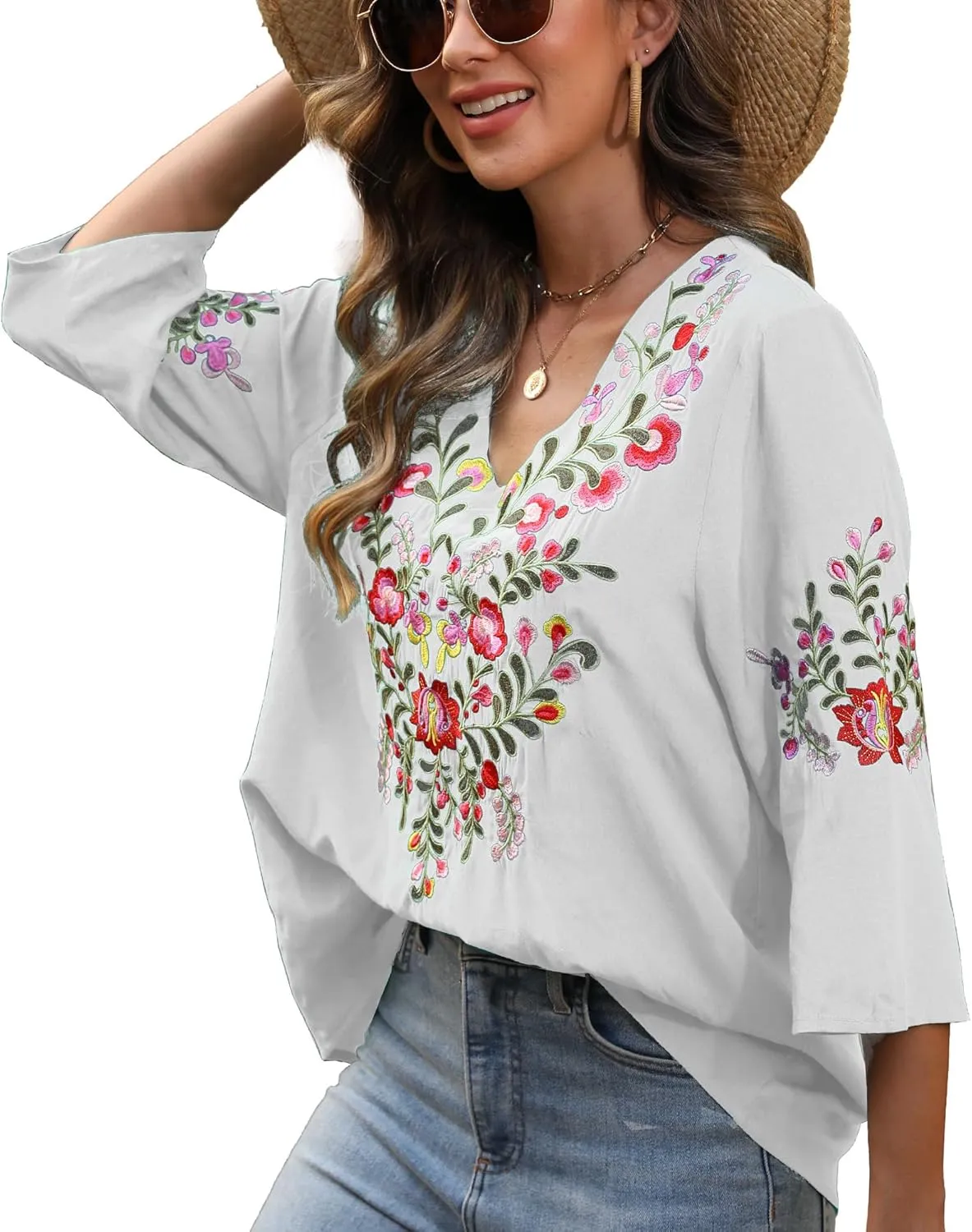 Higustar Women's Embroidered Tops Boho Floral Tunics Fiesta Shirts Peasant Hippie Clothes Traditional Bohemian Blouses