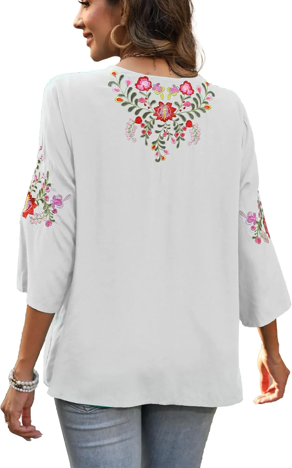 Higustar Women's Embroidered Tops Boho Floral Tunics Fiesta Shirts Peasant Hippie Clothes Traditional Bohemian Blouses