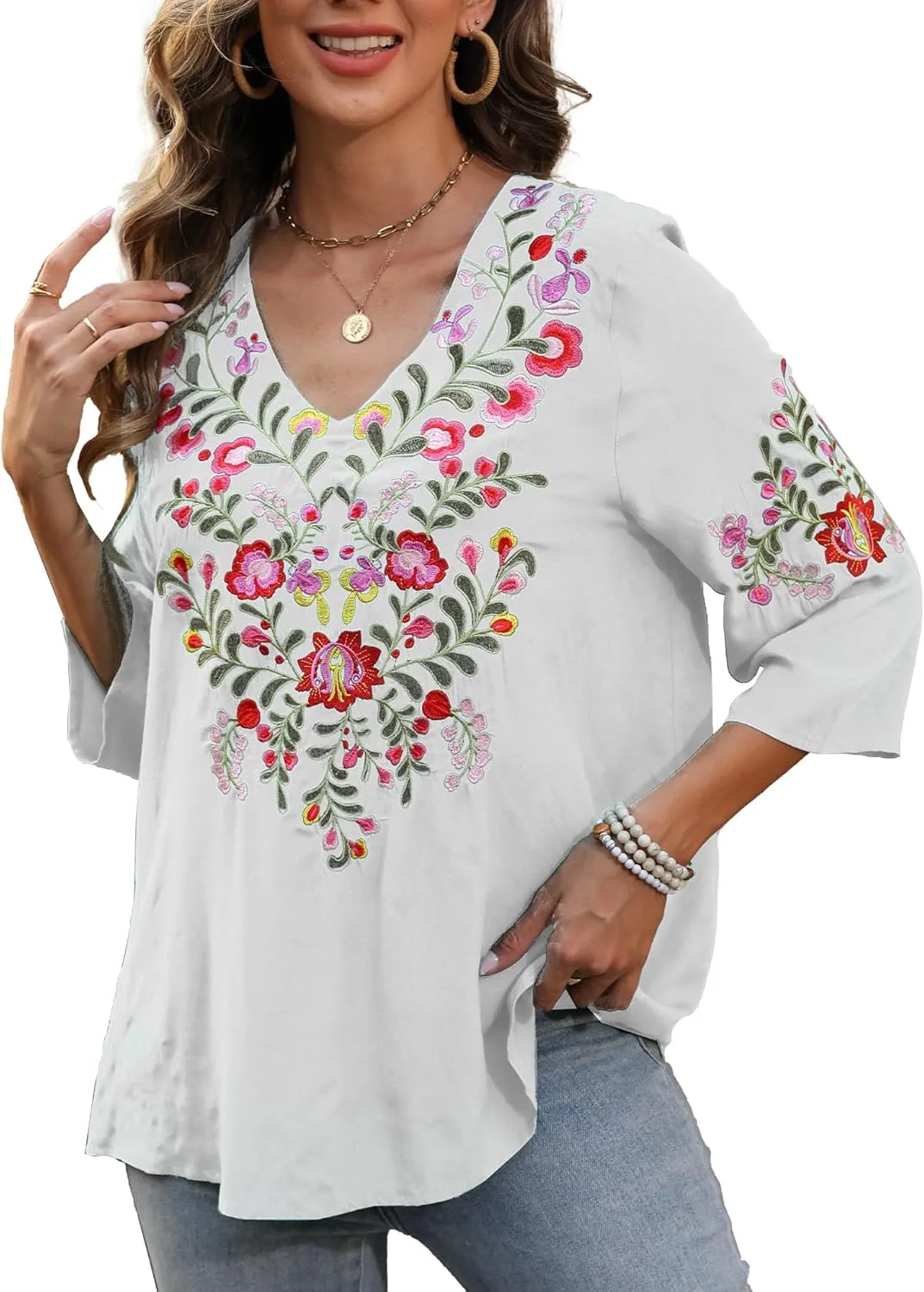 Higustar Women's Embroidered Tops Boho Floral Tunics Fiesta Shirts Peasant Hippie Clothes Traditional Bohemian Blouses