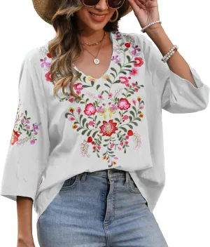 Higustar Women's Embroidered Tops Boho Floral Tunics Fiesta Shirts Peasant Hippie Clothes Traditional Bohemian Blouses