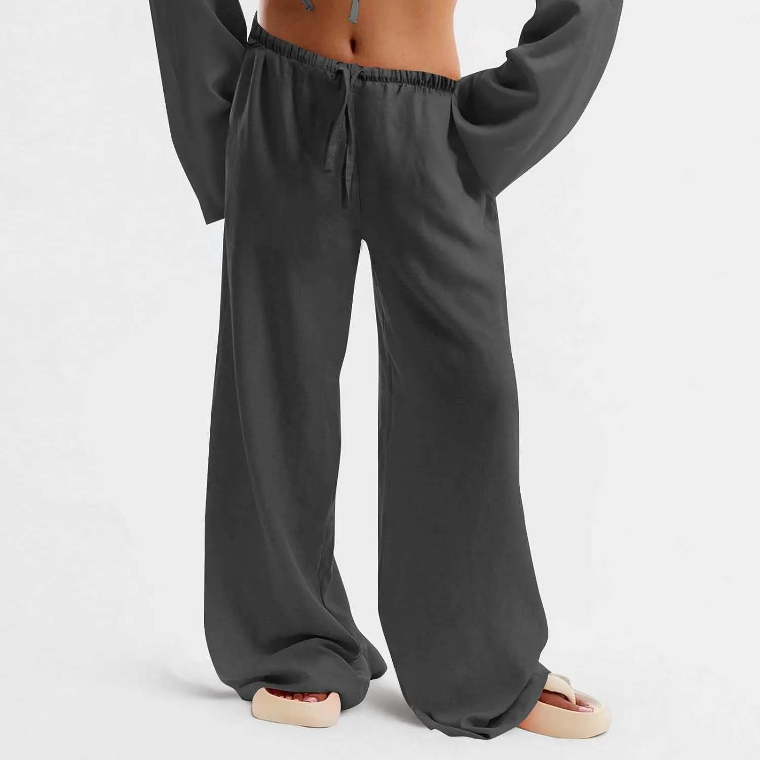 Hvyesh Low Rise Linen Pants for Women Flowy Wide Leg Summer Casual 2025 Y2k Streetwear Trendy Baggy Sweatpants Drawstring