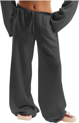 Hvyesh Low Rise Linen Pants for Women Flowy Wide Leg Summer Casual 2025 Y2k Streetwear Trendy Baggy Sweatpants Drawstring