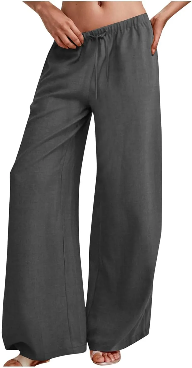 Hvyesh Low Rise Linen Pants for Women Flowy Wide Leg Summer Casual 2025 Y2k Streetwear Trendy Baggy Sweatpants Drawstring