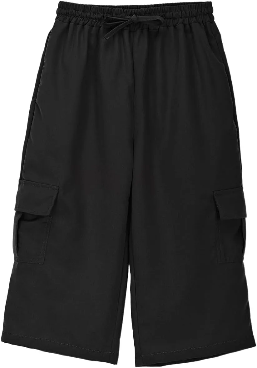 Kids 3/4 Cargo Pants for Boys Straight Wide Leg High Elastic Waist Trousers Solid Color Y2k Streetwear