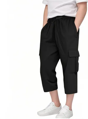 Kids 3/4 Cargo Pants for Boys Straight Wide Leg High Elastic Waist Trousers Solid Color Y2k Streetwear