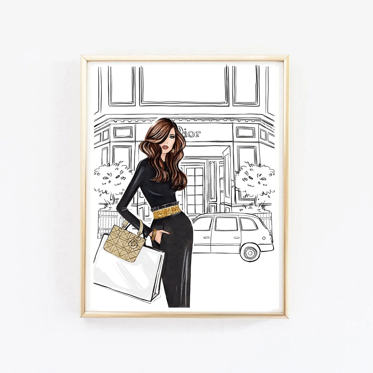 Lady on shopping in elegant outfit art print fashion illustration