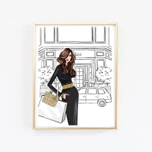 Lady on shopping in elegant outfit art print fashion illustration