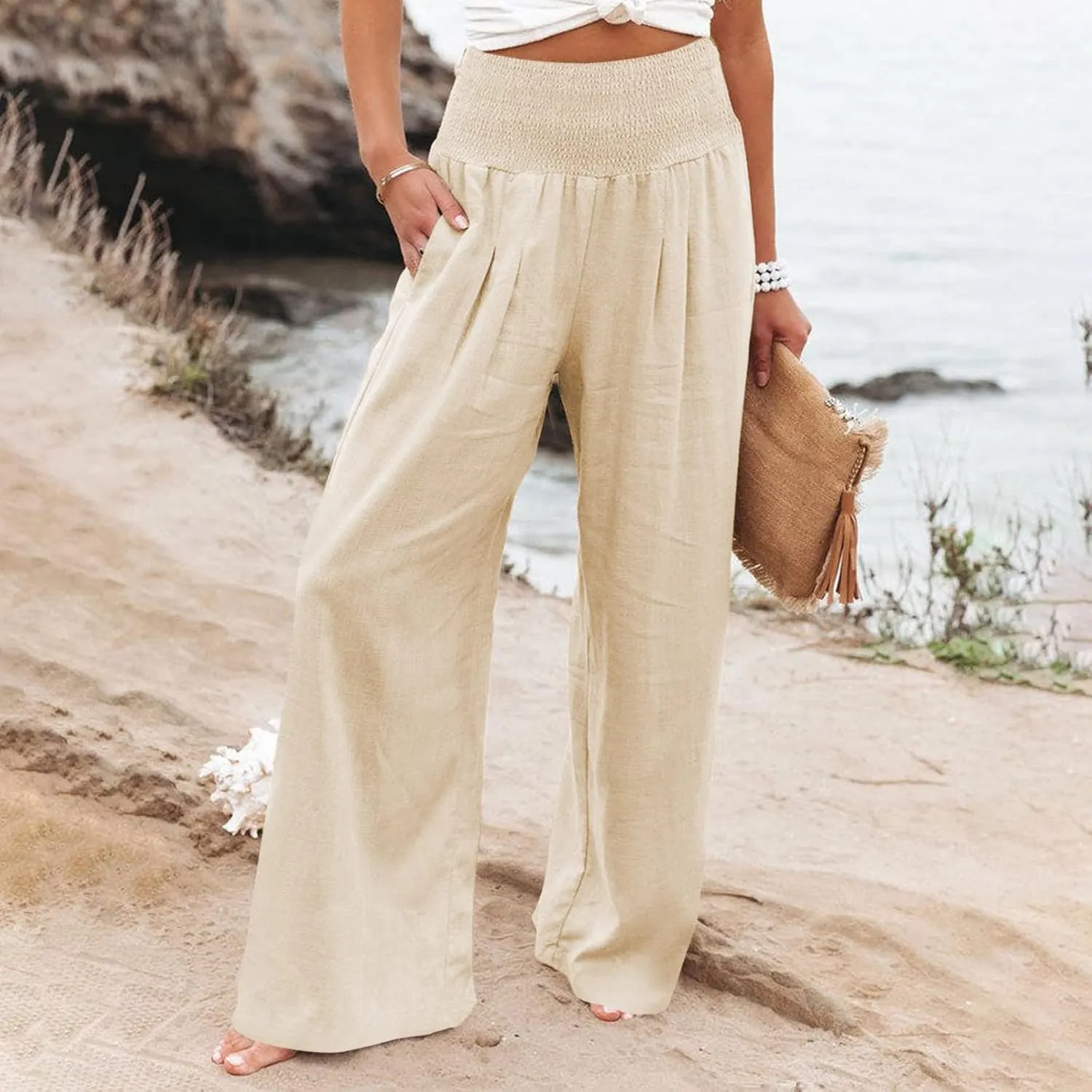 Linen Palazzo Pant Women 2025 Summer Boho Wide Leg High Waist Lounge Pants Casual Beach Vacation Outfits