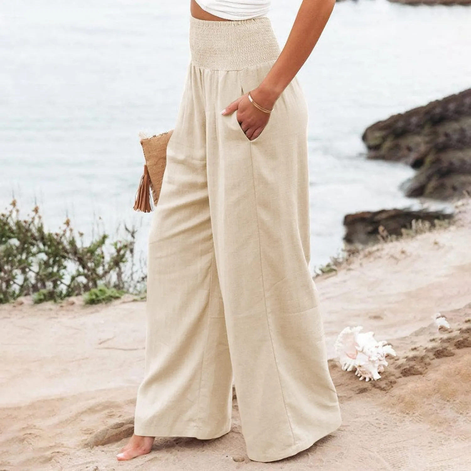 Linen Palazzo Pant Women 2025 Summer Boho Wide Leg High Waist Lounge Pants Casual Beach Vacation Outfits