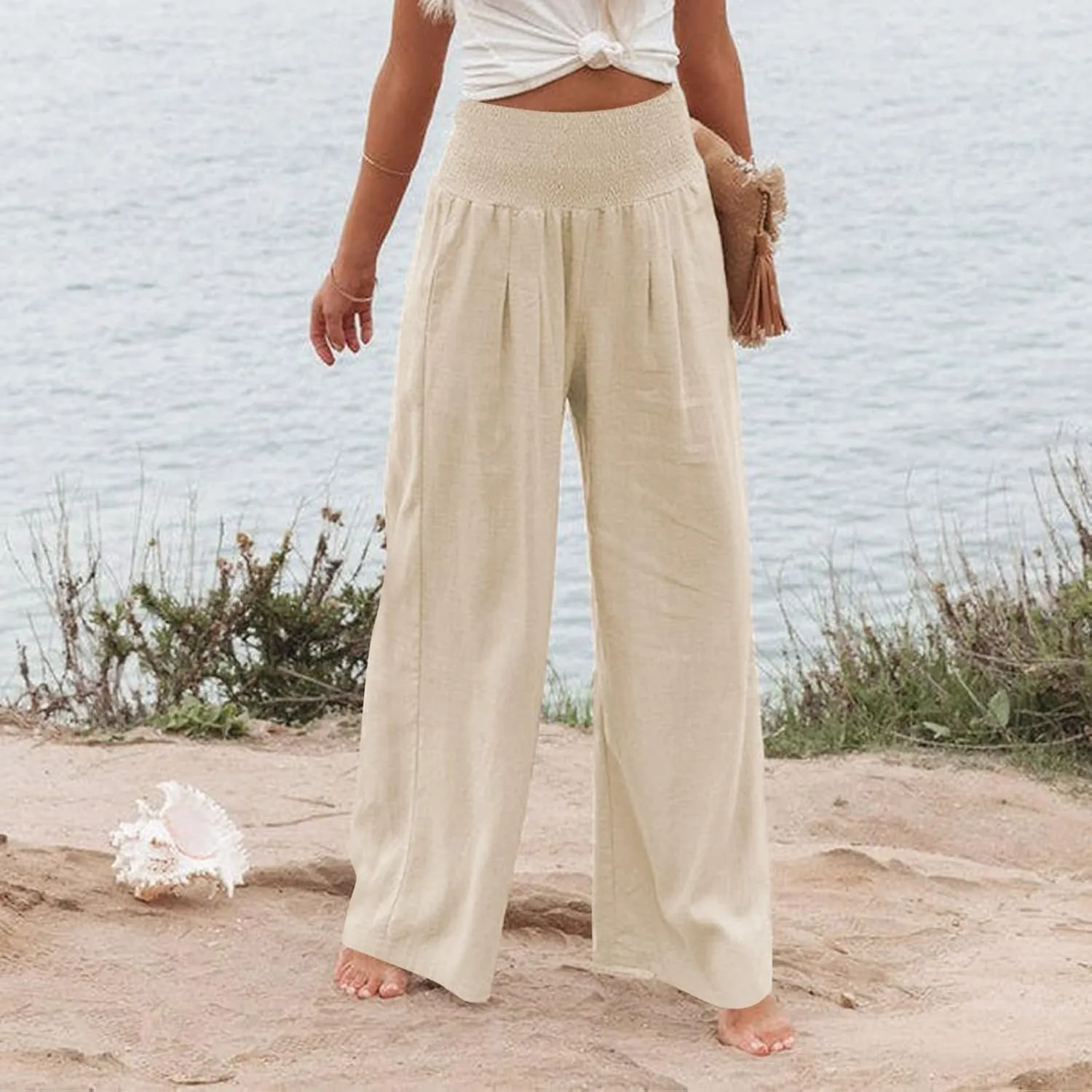 Linen Palazzo Pant Women 2025 Summer Boho Wide Leg High Waist Lounge Pants Casual Beach Vacation Outfits