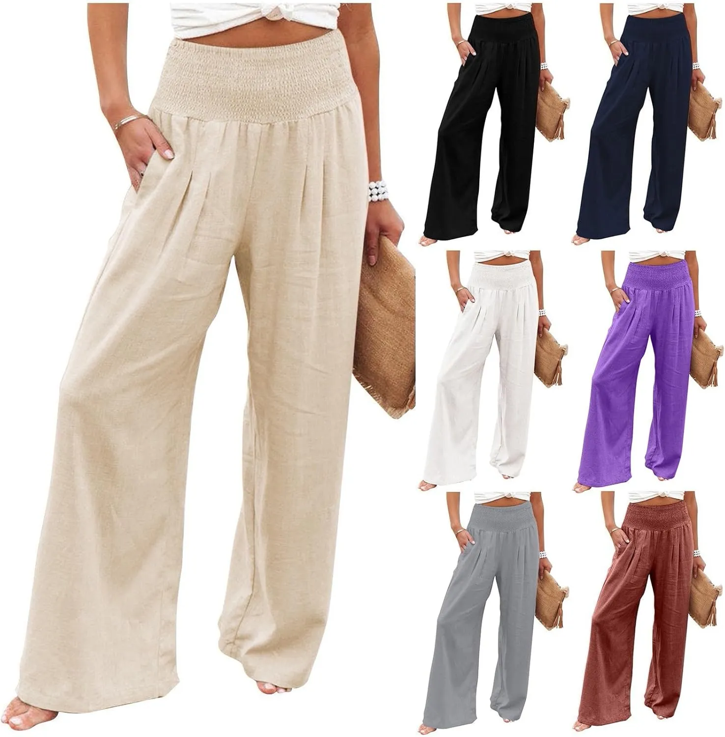 Linen Palazzo Pant Women 2025 Summer Boho Wide Leg High Waist Lounge Pants Casual Beach Vacation Outfits