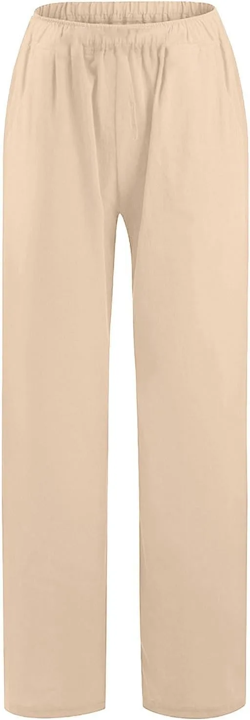 Linen Pants Women Petite Dressy Casual Elastic Waist Beach Lounge Wide Leg Trousers Women