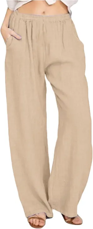 Linen Pants Women Petite Dressy Casual Elastic Waist Beach Lounge Wide Leg Trousers Women