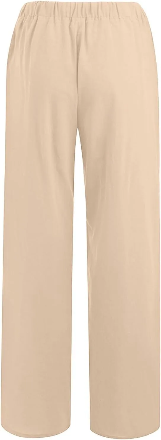 Linen Pants Women Petite Dressy Casual Elastic Waist Beach Lounge Wide Leg Trousers Women