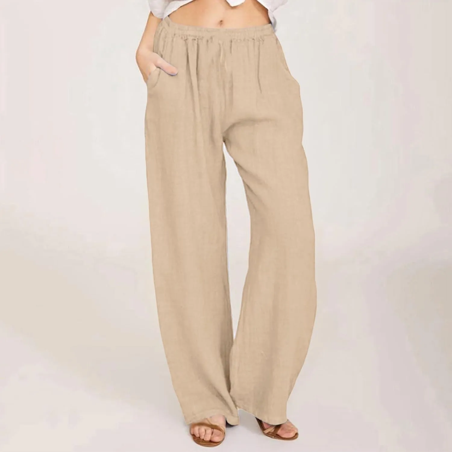 Linen Pants Women Petite Dressy Casual Elastic Waist Beach Lounge Wide Leg Trousers Women