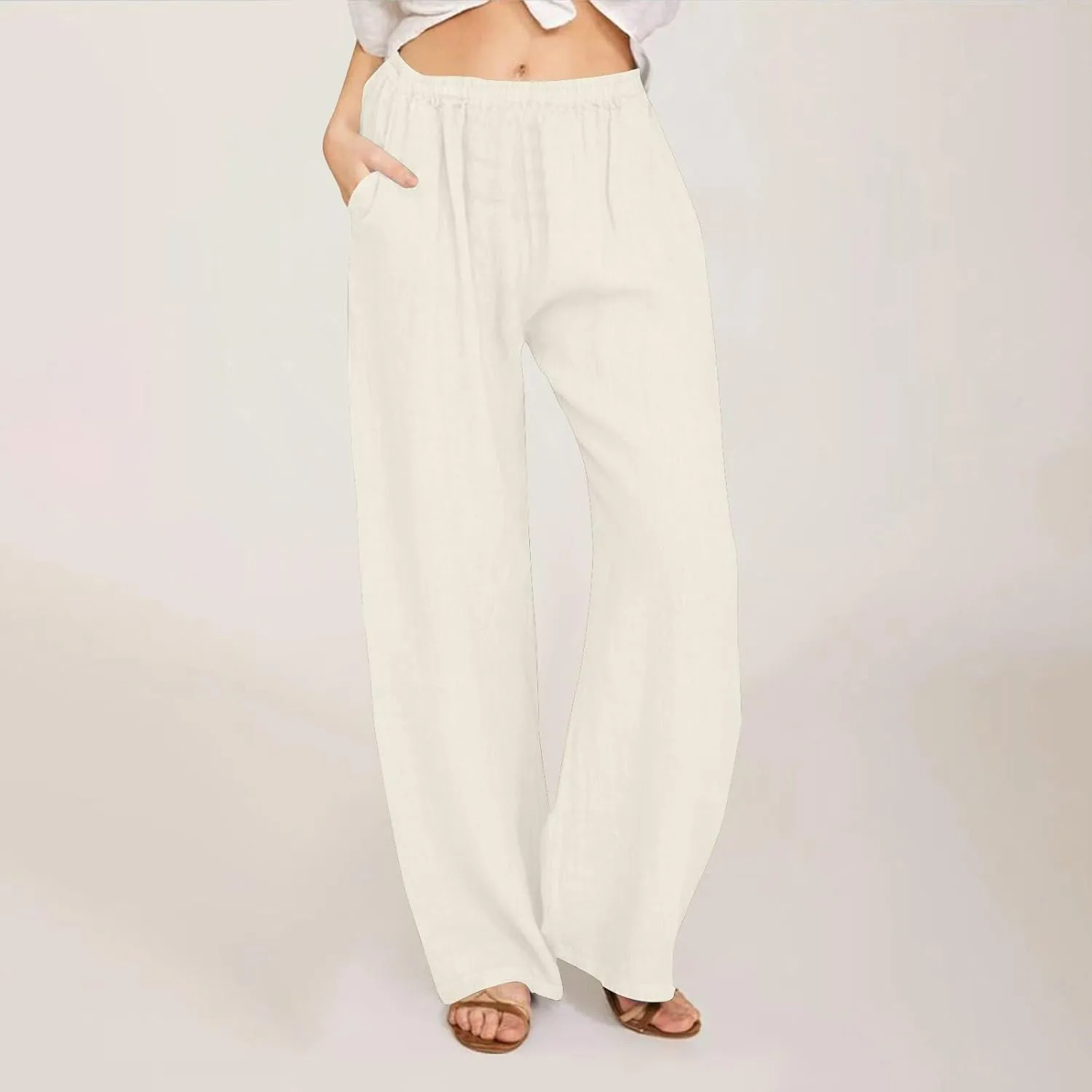 Linen Pants Women Summer Drawstring Waist Wide Leg Loose Cotton Linen Palazzo Pants Vacation Beach Pants with Pockets